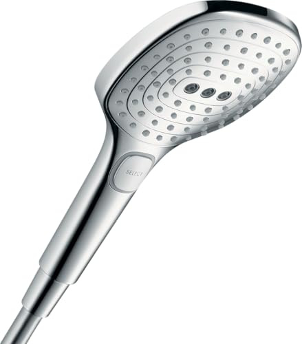 hansgrohe Raindance Select E - wassersparender Duschkopf 6 l/min (EcoSmart+), Handbrause mit3 Strahlarten inkl. PowderRain, eckige Duschbrause, Sparduschkopf mit Antikalk-Funktion, Chrom, 28729000