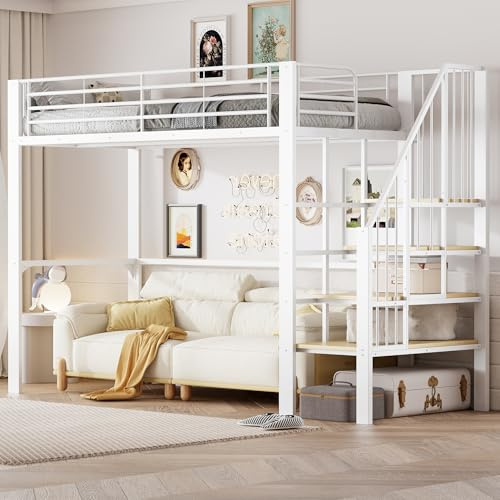 Merax Hochbett 90x200 cm aus Metall mit Treppe und Stauraum unter dem Bett, platzsparendes Einzelbett für Kinder und Erwachsene, Metallbett in modernem Design, Weiß (ohne Matratze)