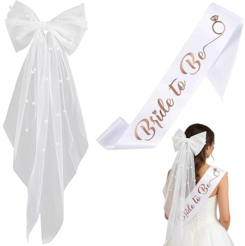 IWIDYA JGA Accessoires Set für Braut – Schleier und Schärpe für Junggesellinnenabschied, Brautparty-Deko in Weiß mit Perlen