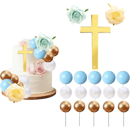 Tortendeko Kommunion,Tortendeko Taufe,Junge MäDchen Konfirmation Firmung Kuche,Kreuz Cake Topper Set Taufdekoration,Gold Blau Kugeln,FüR Taufe Hochzeit Geburtstag Party
