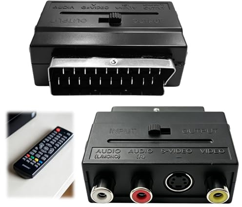 NYVOR SCART-adapter, SCART till 3 x RCA-uttag IN/Out omkopplare S-Video S-VHS AV Audio Video Adapter, kompositAV-anslutning för DM-enheter andra serier med 21-stifts eurokontakter