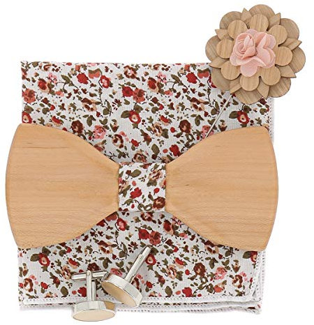 SHIPITNOW Helles Hölzfliege und Manschettenknöpfe Herren Holz - Einstecktuch Blumen Rosa - Wird in einer Geschenkbox aus Holz verkauft