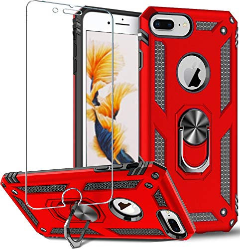 Folmeikat Hülle für iPhone 8 Plus/7 Plus/6/6S Plus, Displayschutzfolie, 360 Grad drehbarer Metallring, Stoßdämpfung, verstärkte Ecken, TPU für Apple iPhone 8/7/6/6S Plus (5,5 Zoll) Rot