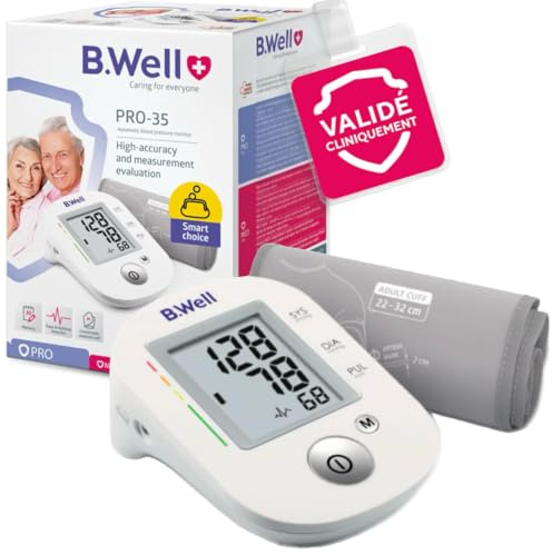 B.Well PRO-35 Tensiomètre automatique bras – Cliniquement Validé | Appareil de tension • Qualité suisse • Détection de l'arythmie • Échelle OMS • Brassard M 22–32 cm • Mémoire 30 mesures