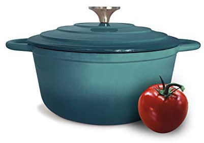 Cast Iron Pot with Lid Non-Stick Enamelled Casserole Dish - Oven Safe Heavy Duty Dutch Oven – 24cm Round – Turquoise 3.7L