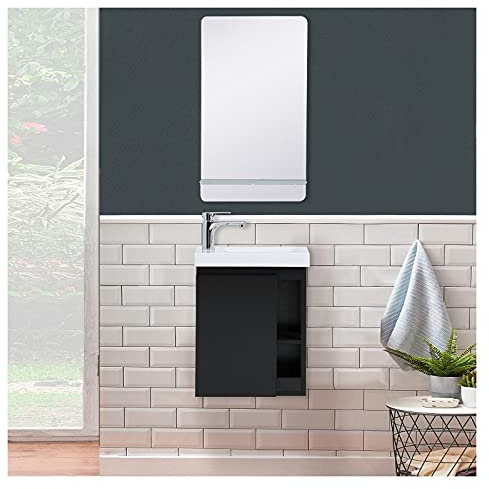 Lavamani nero carbonio Hampton + lavabo bianco + specchio L40 cm con ripiano bianco
