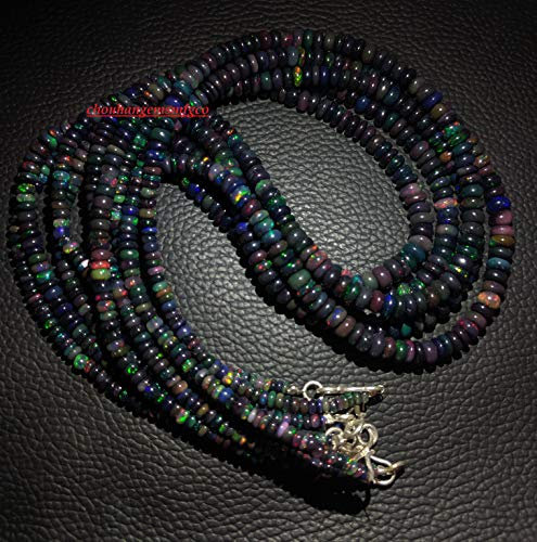 Chouhan Gems Schwarze äthiopische Opal-Halskette, 925er-Sterlingsilber, Multi-Flashes Welo-Opal-Perlen, Halskette in Rondelle-Form, 2–6 mm, 45,7 cm, Edelstein, Opal