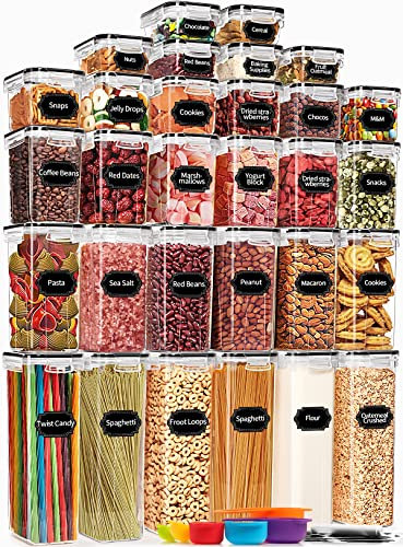 PRAKI Frischhaltedosen aus Kunststoff mit Deckel, für Müsli, Mehl und Zucker, Etiketten, 6 Löffel und Marker, luftdicht, 30 Stück
