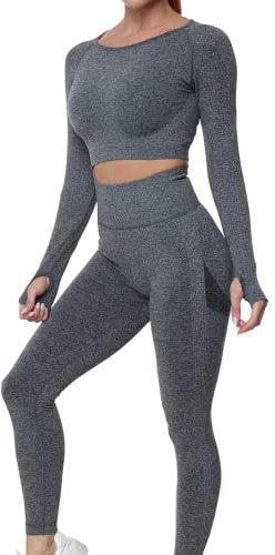 JOJOANS Gym Sets for Women 2 Piece Seamless Tracksuit Workout Yoga Outfit Loungewear Long Sleeve Crop Top High Waist Leggings(Grey, M)