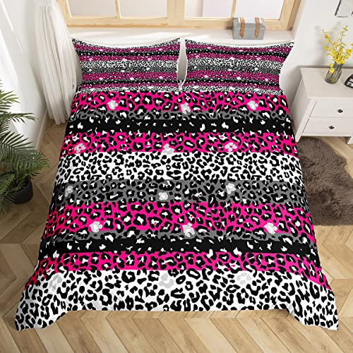 Homemissing Parure de Lit Imprimé Léopard 220x240cm Sets de Housse de Couette Imprimé Animal Safari Housse de Couette Décor de Chambre Rose Noir Blanc Collection Léopard
