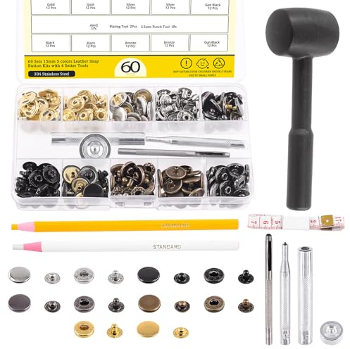 Mardatt 60 Sets Leather Snap Fasteners Kit with Installation tools, 5 Color 15 mm Metal Snap Buttons Press Studs, Hammer, Setting Tools, Grease Pencils, Measuring Tape for DIY Leather