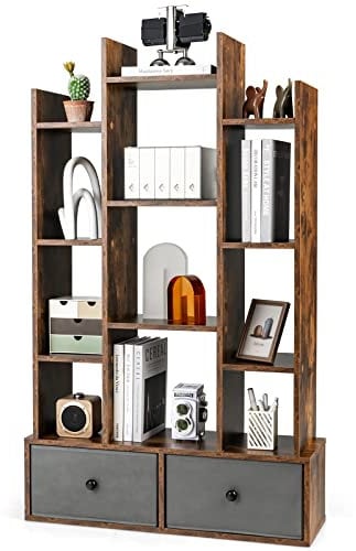 COSTWAY Tree Bookshelf, 7/12-Tier Wooden Bookcase Storage Shelving Unit with Folding Drawer, Freestanding Magazine Book Display Rack for Home Office Living Room (Rustic Brown with 2 Drawers, 12-Tier)