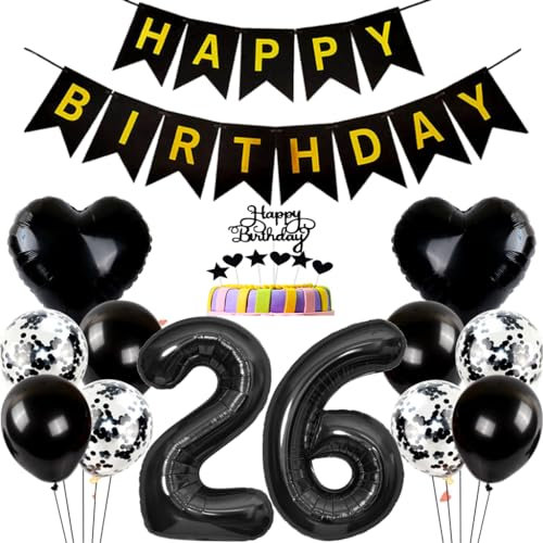 Conruich 26. Geburtstag Deko Set - Ballons, Tortendeko, Folienballon Zahl 26 Schwarz, Happy Birthday Banner für Mann und Frau - Party Dekoration