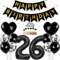 Conruich 26. Geburtstag Deko Set - Ballons, Tortendeko, Folienballon Zahl 26 Schwarz, Happy Birthday Banner für Mann und Frau - Party Dekoration