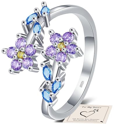 YOEE Sterling Silver Plated Open Adjustable Rings for Mum Women Girls - Olive Branch Leaf/Flowers Cubic Zirconia Rings - Thumb Wrap Around Leaf Ring - Jewellery Gifts with Box, Blue/Green