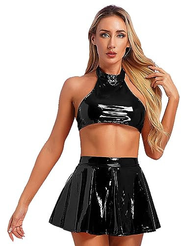 TiaoBug Damen Wetlook Dessous Set Sexy Neckholder Crop Top und Hohe Taille Skater Teller Glocken Rock Lack Leder Optik Gogo Raver Outfit Clubwear Schwarz Crop Top L
