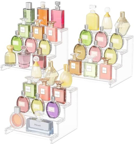 Lifewit Espositore Trasparente a 4 Ripiani, Confezione da 3 Stand in Plastica per Esposizione, Organizer di Plastica per Personaggi, Profumi, Dolci, Scaletta Espositiva per Collezioni, 22,8 cm