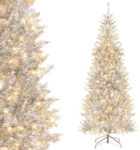 COSTWAY 6 FT Artificial Christmas Tree, Hinged Xmas Tree with Tinsel Leaves, 790 Branch Tips and 300 Warm White LED Lights, Slim Pencil Xmas Decoration Tree