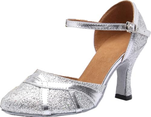 SH. SHUTUP.DANCE Damen Ballsaal Tanzschuhe Latein Kitten Heels Komfort 7,5 cm Salsa Pumps Tango Jazz Chacha Geschlossene Zehen, silber, 39.5 EU