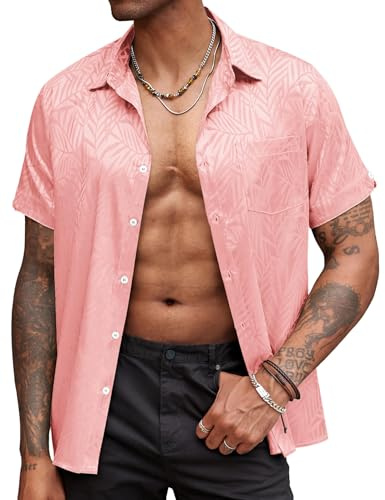 COOFANDY Chemise d'été à manches courtes en satin de soie jacquard pour homme Chemise de plage décontractée boutonnée, rose, Taille L