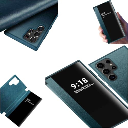 Für Samsung Galaxy S24 Ultra View Spiegel Handy Smart Cover Wake UP Funktion Case Grün