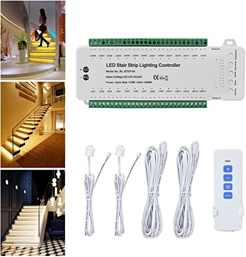 Treppenbeleuchtung Controller mit Bewegungsmelder,LED-Strip-Controller 12V bis 24V,mit Helligkeits-,Geschwindigkeits- und Zeitverzögerungsfunktionen (Neun-Modell, bis 28 LED, mit Fernbedienung)