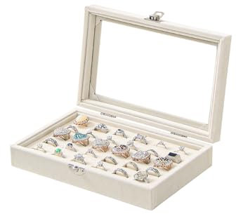 LongMen Ring-Organizer-Tablett, 30 Fächer, Samt, Schmuckring-Aufbewahrungsbox mit transparentem Deckel, Schmuck-Ring-Box (Beige)