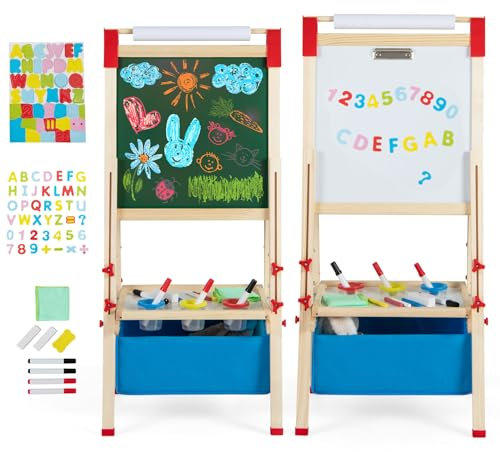 HOMASIS Chevalet Enfant Double Face, Tableau Blanc enfant Réglable en Hauteur avec Tableau craie et Papier Dessin, pour les Enfants de 3 à 8 ans avec Sac de Rangement, 44x40x102-126cm