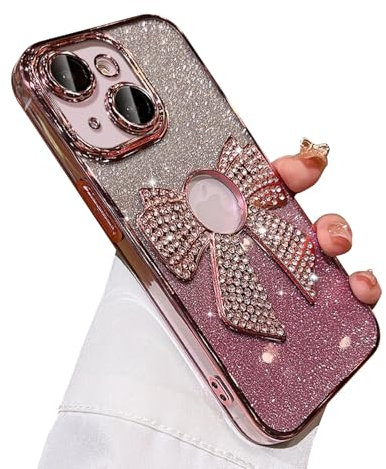 Reownest Compatible with iPhone 15 Case,Cute Glitter Bowknot Design Bling Diamond Aesthetic Women Girls Protective Phone Case for iPhone 15 -Gradient Pink