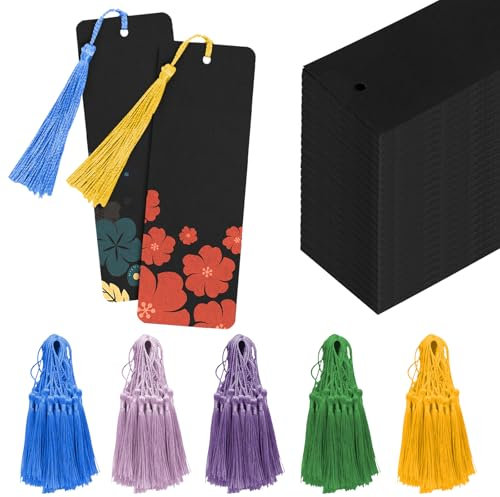 HOMURY 100 Stück Blanko Lesezeichen Set, Kraftpapier DIY Lesezeichen mit 100 Stück Bunte Quasten, Weihnachten Lesezeichen Basteln Set mit Löchern, für Basteln Dekorieren, DIY Notizbuch, Schwarz