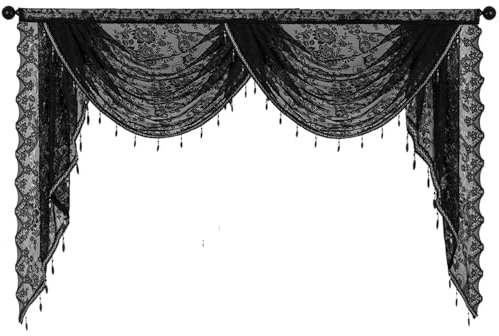 vctops Wasserfall-Volants mit Spitze für Fenster, Blumenmuster, Vintage, Girlande, durchsichtig, Küchenfenster, Vorhänge, Volant für Wohnzimmer, Schlafzimmer, Badezimmer, Café (Schwarz, 150 x 104 cm)