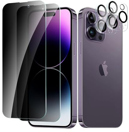CYYAGE 2 Pack Privacy Screen Protector for iPhone 14 Pro with 2 Pack Camera Lens Protective Film, Anti-Spy Tempered Glass Protection 9H Hardness Glass, Anti-Scratch