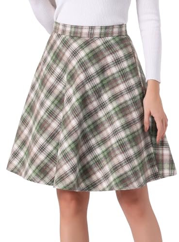 Allegra K Damen Ostern Plaids Vintage Tartan Elastische Taille Knielang A-Linie Rock, Grün Beige, X-Klein