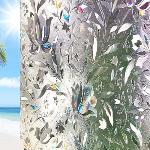 Fensterfolie Blickdicht 40 x 100 cm Uv-Schutz Folie Sichtschutz Hitze Fenster Milchglasfolie Klebefolie Fenster-Sichtschutzfolie für Büro Und Haus, Tulpe