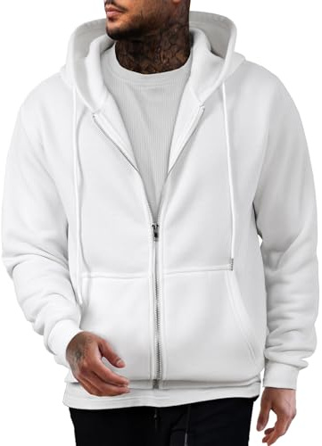 JMIERR Hoodie Herren Fleece Baumwolle Einfarbig Sweatjacke Warm,Weiß L