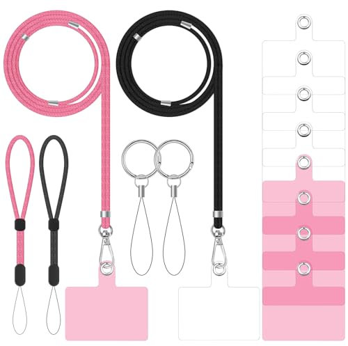 2 Handykette Universal mit 8er Ersatz Telefon Patch 2 Handschlaufe Lanyard Verstellbares Nylon 2 Schlüsselanhänger Unisex Einstellbares Handyband zum Umhängen für Meisten Handyhüllen,Schwarz+Rosa