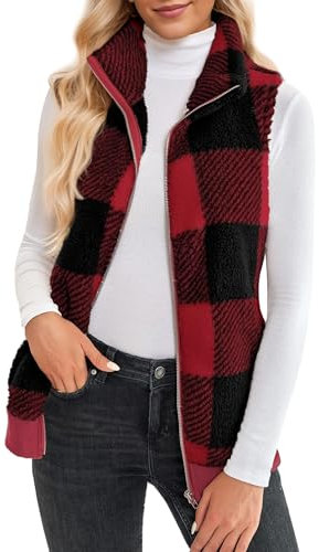 Maeau - Gilet à Carreaux Femme Polaire Sans Manches Manteaux Polaire Zippé Veste en Peluche Chaud Léger Gilet Slim Décontractée Automne Hiver avec Poche - Rouge - XL