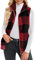 Maeau - Gilet à Carreaux Femme Polaire Sans Manches Manteaux Polaire Zippé Veste en Peluche Chaud Léger Gilet Slim Décontractée Automne Hiver avec Poche - Rouge - XL