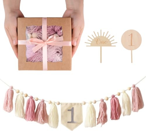 URROMA 1 x Banner zum 1. Geburtstag, Hochstuhl-Banner, Boho-Hochstuhl, Stoffgirlande, rosa, Wandbehang für erste Geburtstagsparty