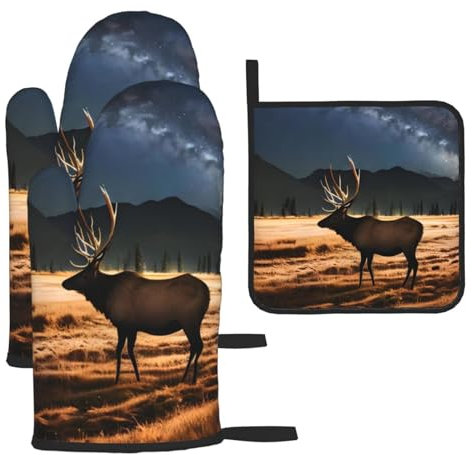 YYHWHJDE Küche Backen Set 3 Stück - Ofenhandschuhe und Topflappen zur Verbrühungsschutz Wärmeisolierung Elch auf der Wiese Bild