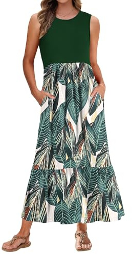 PLMOKEN Robe Longue D'Été pour Femmes Maxi Robe De Plage Robe Longue Décontractée Col Rond avec Poches