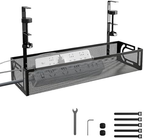 WRQIOO Under Desk Cable Management, Cable Management Tray No Drill, Steel Cable Tray Under Desk, Under Desk Cable Tidy Cord Organiser Wire Management for Homes, Offices, Internet Cafes, Black
