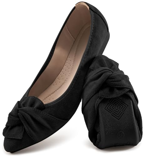 Aomigoct Comfortable Dressy Flats for Women: Cushioned Insole & Lightweight for All-Day Office Comfort - Slip On & Foldable for Working Professional with Bow Black