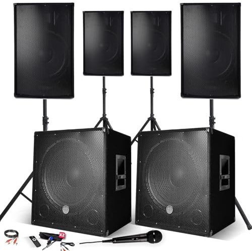 Système Sonorisation 4400W Complet, 4 Enceintes, 2 Subwoofers USB/Bluetooth Cable PC + Pieds, Prestations, Micro Sono DJ PA Bar
