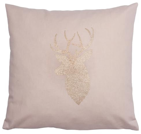 Herbalind Zirbenkissen mit glänzendem Hirschkopf-Motiv - Duftkissen im edlen Design, 100% Baumwolle, Natürliche Zirbenfüllung, 30x30 cm - Light Sand/Gold