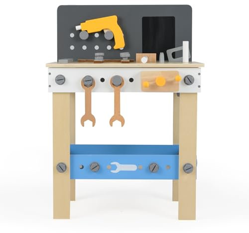 COSTWAY Wooden Kids Workbench, Children's Tool Bench with Pegboard, Chalkboard & Storage Shelf, Toddlers Construction Pretend Role Play Toy Set for Ages 3 +