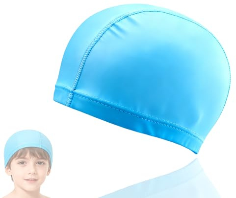 Nevoluxer Gorro Piscina Niña (4-10 años) – Gorro Natación Mujer en Tela Suave Azul Claro | Gorro Piscina para Cabello Largo