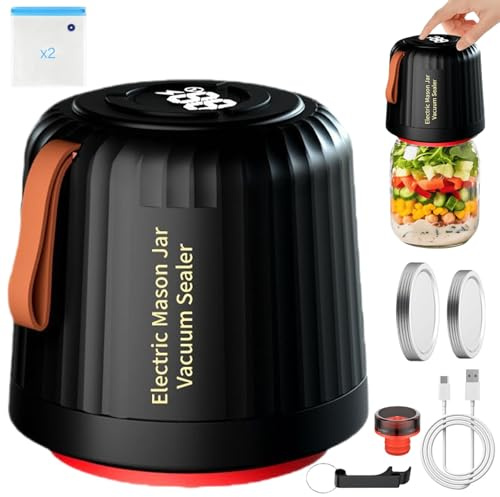 Vakuumiergerät Vakuumierer für Einmachgläser, Elektro-Mason-Glas-Vakuumier-Set mit 10 Deckel und 2 Vakuumierbeutel für Breite und Normale Öffnung, Jar Vacuum Sealer Kit für Lebensmittel Lagerung