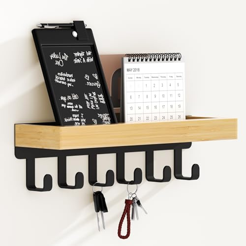 SWTYMIKI Schlüsselbrett mit Holztablett und 6 Haken - Multifunktionales Schlüsselhalter/Schlüsselboard, Schlüsselbrett mit Ablage für Flur, Schlafzimmer & Küche, Hängen Küchenbesteck