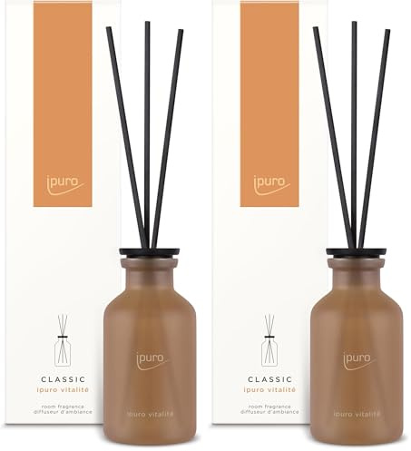 ipuro - Classic Raumduft VITALITÉ - 75ml | Raumerfrischer mit Rosmarin & Ingwer, Zedernholz & Patchouli - Duft | Diffuser mit Stäbchen | Belebender Lufterfrischer für die Wohnung (Packung mit 2)